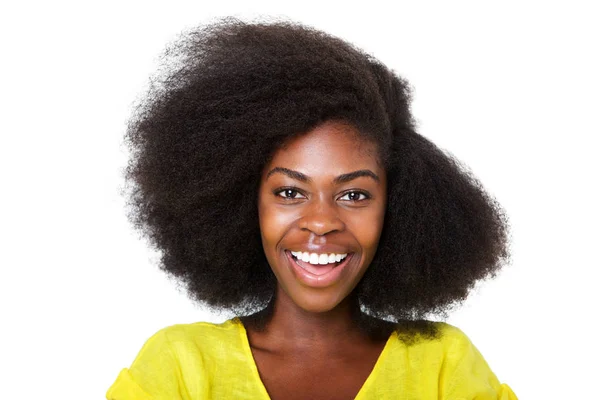 Gros Plan Portrait Heureuse Jeune Femme Afro Américaine Aux Cheveux — Photo