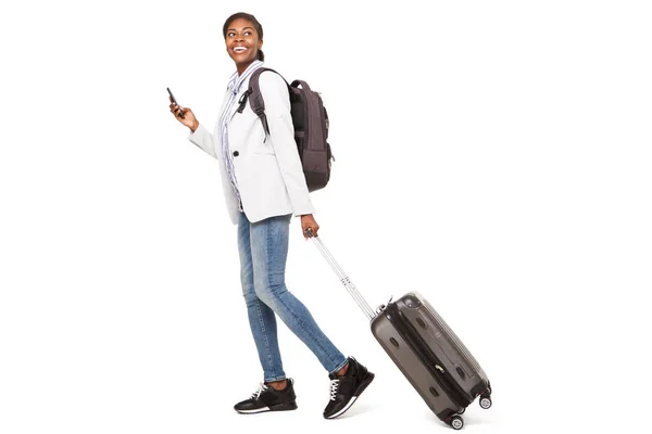 Full Length Side Portrait Happy Young Black Woman Walking Luggage — Stock Photo, Image