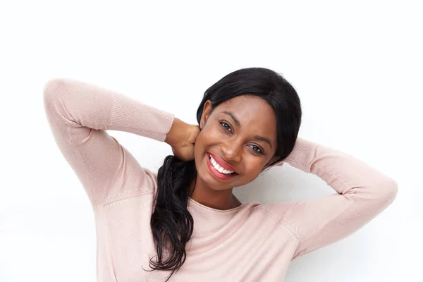 Retrato Cerca Joven Mujer Negra Feliz Sonriendo Con Las Manos —  Fotos de Stock