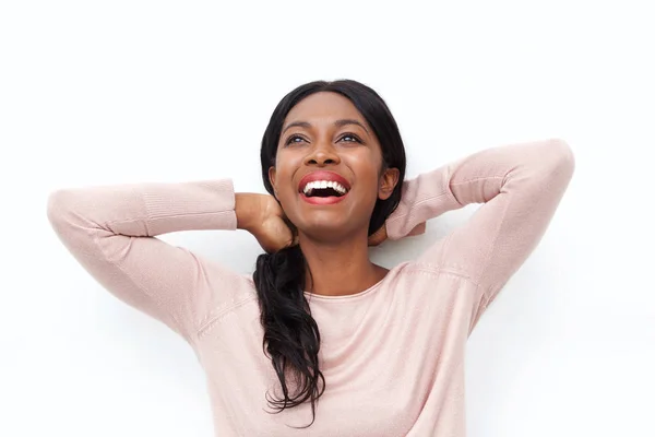 Retrato Cerca Una Hermosa Joven Negra Riendo Con Las Manos — Foto de Stock