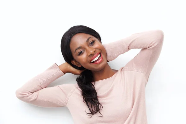 Primer Plano Retrato Joven Mujer Negra Feliz Riendo Con Las — Foto de Stock