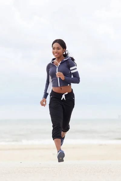Full Body Front Portrait Healthy Young Black Woman Running Beach — Stock Photo, Image