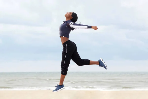 Full Body Side Portrait African American Woman Running Jumping Arms — Stock Photo, Image