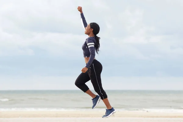 Full Body Side Portrait Young African American Woman Running One — Stock Photo, Image