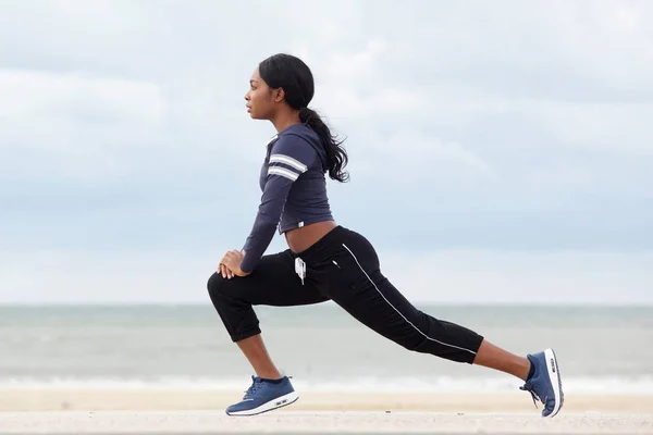 Full Body Side Portrait Healthy Young African American Woman Stretching — Stock Photo, Image