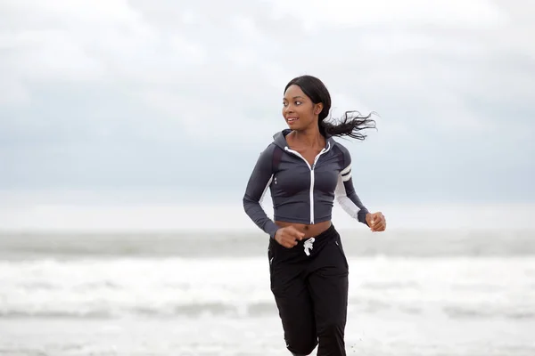 Portrait Active Young Woman Running Water Beach — Stock Photo, Image