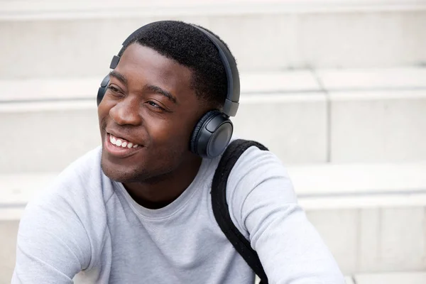 Close Portrait Happy Young African Man Listening Music Headphones — Stock Photo, Image