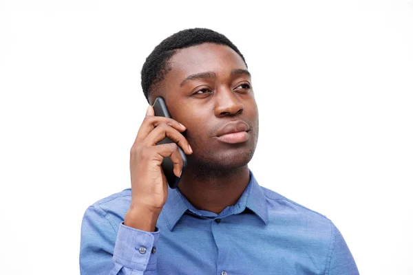 Närbild Porträtt Afrikanska Amerikansk Affärsman Talar Mobiltelefon Isolerade Vit Bakgrund — Stockfoto