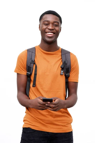 Portrait Happy Young Black Man Smiling Cellphone Bag Isolated White — Stock Photo, Image