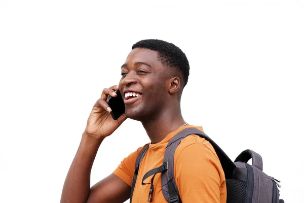 Retrato Cerca Joven Negro Riendo Hablando Por Celular Contra Pared —  Fotos de Stock