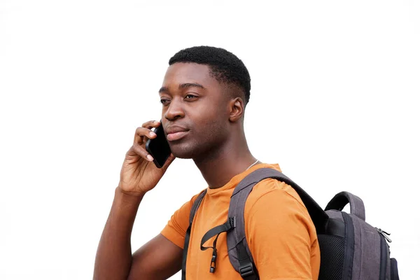 Stäng Upp Sida Porträtt Ung Svart Man Talar Mobiltelefon Mot — Stockfoto