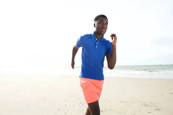 Portrait Young African Man Running Beach — Stock Photo, Image