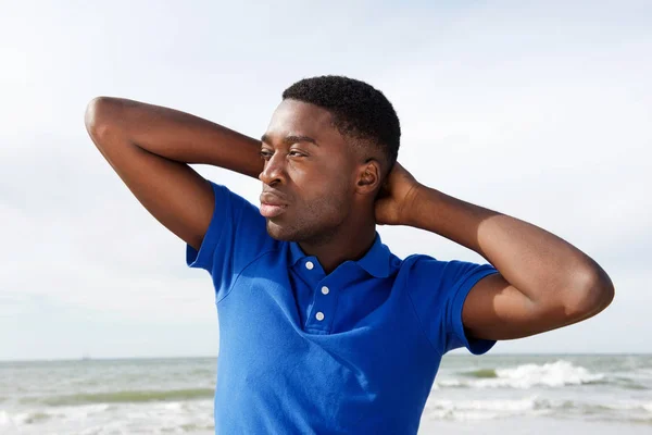 Close Portrait Cool Young African American Man Hands Head Beach — Stock Photo, Image