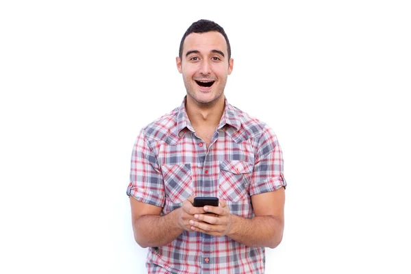 전화를 얼굴에 놀란된 표정으로 사람의 초상화 — 스톡 사진
