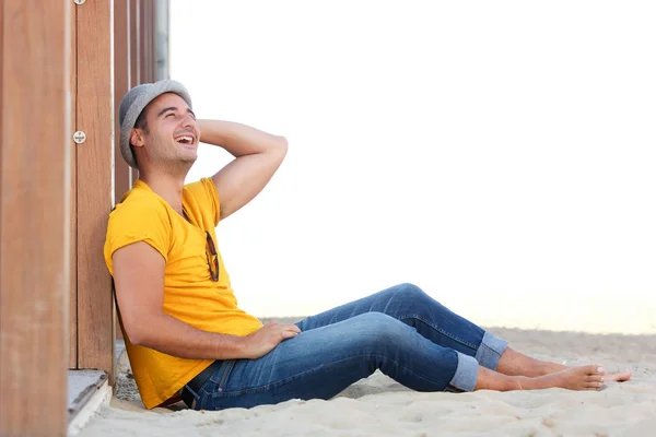 Side Portrait Relaxed Happy Man Sitting Sand Beach Hat — Stock Photo, Image