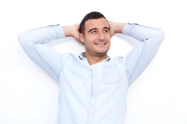 Beyaz arka plan baş eller ile gülümseyen büyük yakışıklı adam portresi