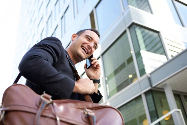 Side Portrait Happy Travel Man Talking Cellphone City — Stock Photo, Image