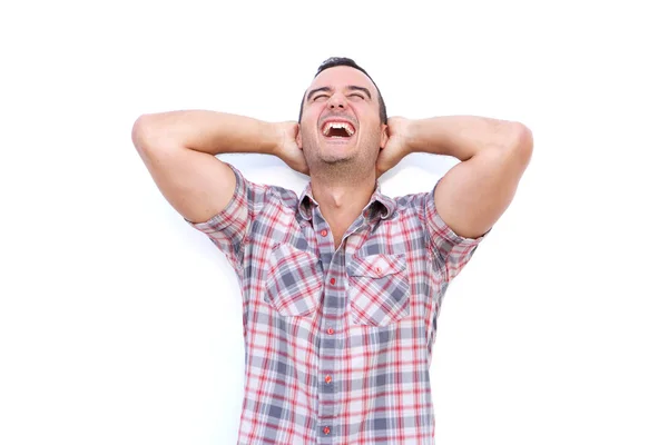 Cerca Retrato Hombre Feliz Riendo Con Las Manos Detrás Cabeza — Foto de Stock