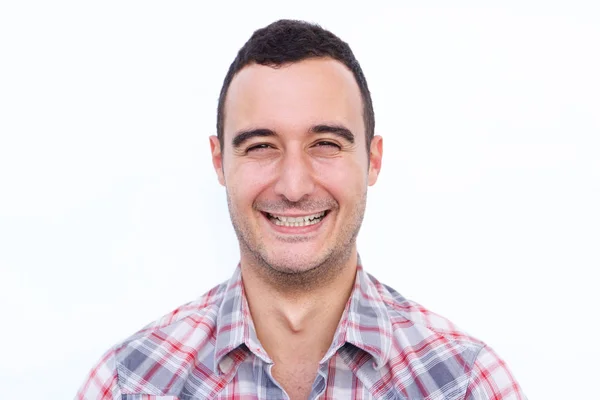 Primer Retrato Del Hombre Latino Sonriente Sobre Fondo Blanco Aislado — Foto de Stock