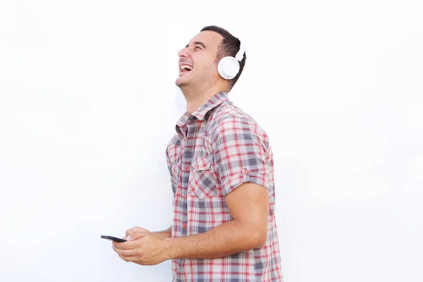 Πλευρά Πορτρέτο Της Ευτυχισμένος Άνθρωπος Ακούτε Μουσική Ακουστικά Και Κινητό — Φωτογραφία Αρχείου