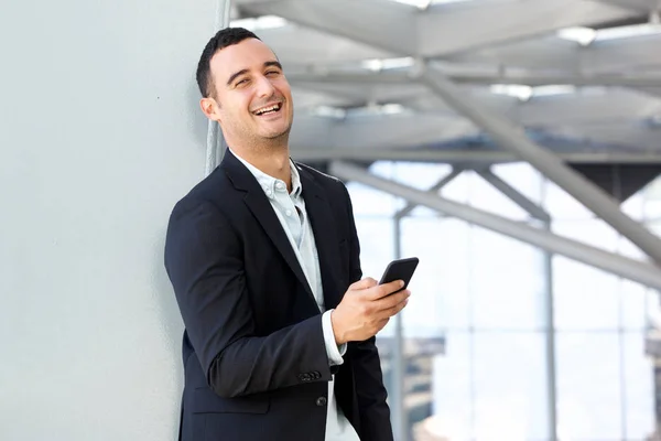 Portrait Happy Businessman Holding Cellphone — Stock Photo, Image