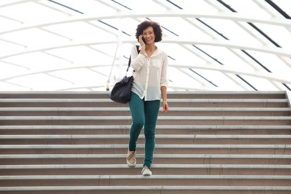 Full Body Portrait African American Woman Walking Stairs Mobile Phone — Stock Photo, Image