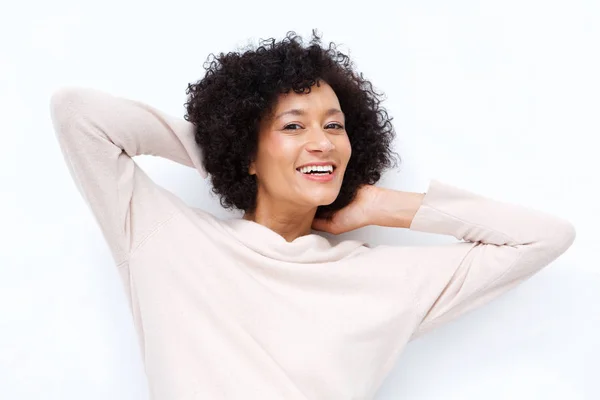 Close Portrait Attractive Middle Age African American Woman Smiling Hands — Stock Photo, Image