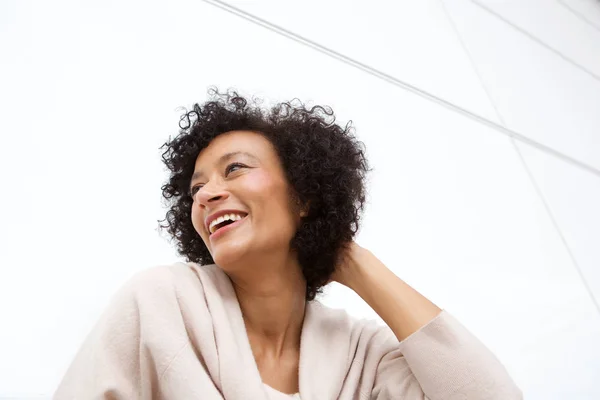 Gros Plan Portrait Belle Femme Âgée Riant Avec Main Dans — Photo