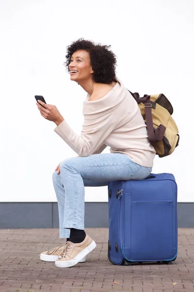 Side Portrait Happy Travel Woman Sitting Suitcase Bag Mobile Phone — Stock Photo, Image