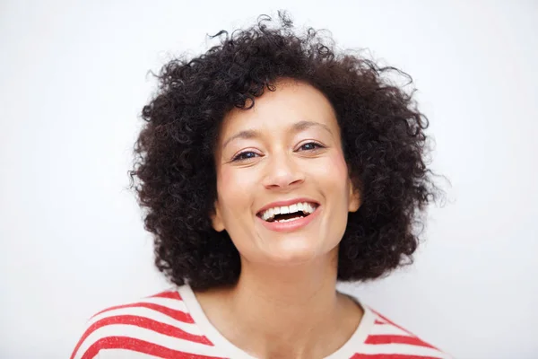 Fechar Frente Retrato Mais Velha Mulher Afro Americana Rindo Contra — Fotografia de Stock