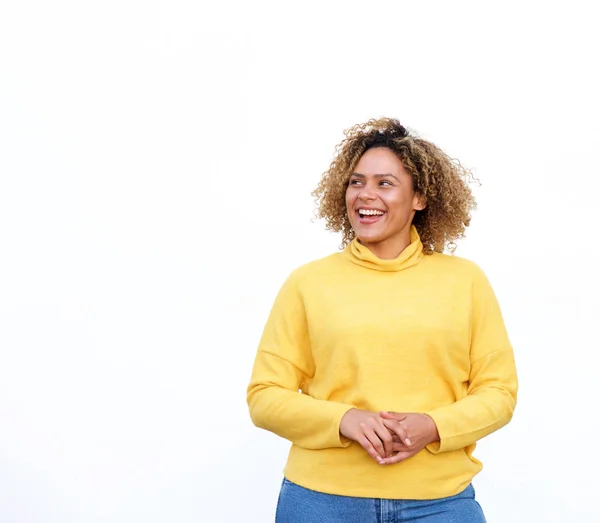 Portret Van Aantrekkelijke Jonge African American Vrouw Glimlachen Zoek Weg — Stockfoto