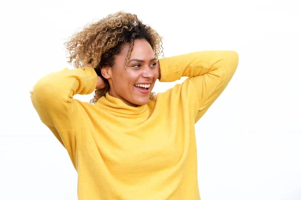 Retrato Una Joven Afroamericana Feliz Riendo Contra Fondo Blanco Aislado — Foto de Stock
