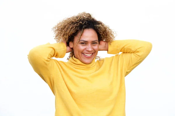 Портрет Щасливі Молода Жінка Сміятися Білому Тлі Руки Голову — стокове фото