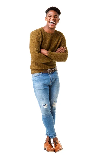 Volledige Lichaam Portret Van Knappe Jonge Afro Amerikaanse Man Lachen — Stockfoto