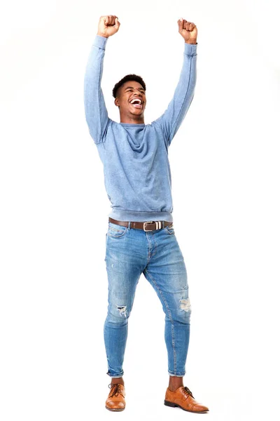 Volledige Lichaam Portret Van Vrolijke Jonge Zwarte Man Met Armen — Stockfoto