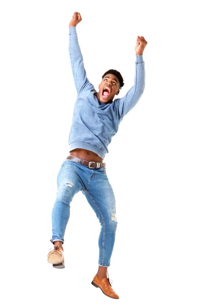 Full Body Portrait Cheerful Young Black Man Jumping Arms Raised — Stock fotografie