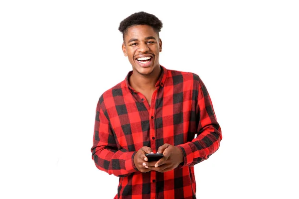 Front Portrait Happy Young Black Man Holding Cellphone White Background — Stock Photo, Image