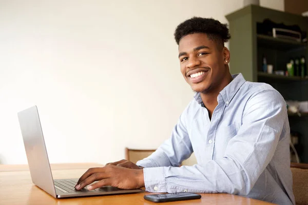 Portrait Charming Young African American Man Working Laptop Computer Office — Zdjęcie stockowe