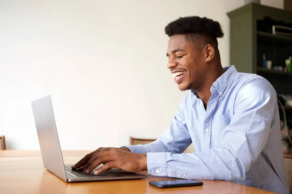 Portrait Smile Young African American Entrepreneur Working Laptop Home — Stok Foto