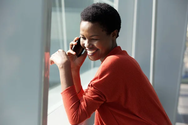 Close Portrait Happy African American Woman Talking Cellphone Window — Stock Photo, Image