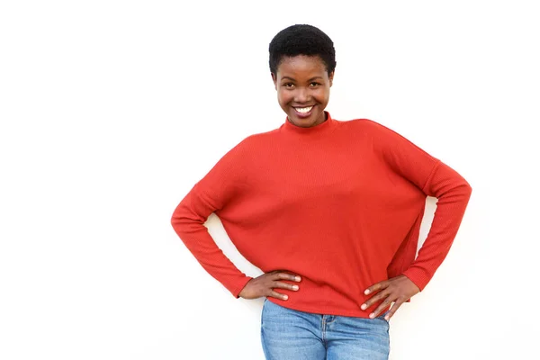 Portret Szczęśliwy African American Kobieta Uśmiechając Się Białym Tle — Zdjęcie stockowe