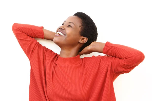 Close Van Portret Van Zorgeloos African American Vrouw Tegen Witte — Stockfoto