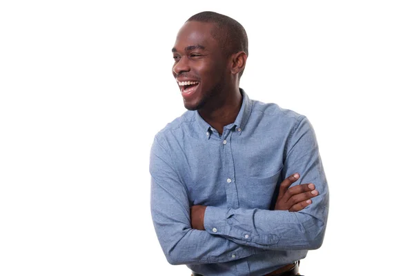 Portret Van Gelukkige Jonge Afro Amerikaanse Zakenman Lachen Tegen Geïsoleerde — Stockfoto