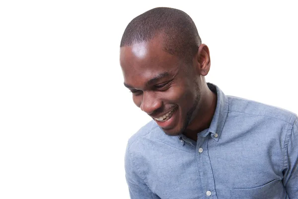 Retrato Cerca Joven Empresario Feliz Riendo Contra Fondo Blanco Aislado — Foto de Stock