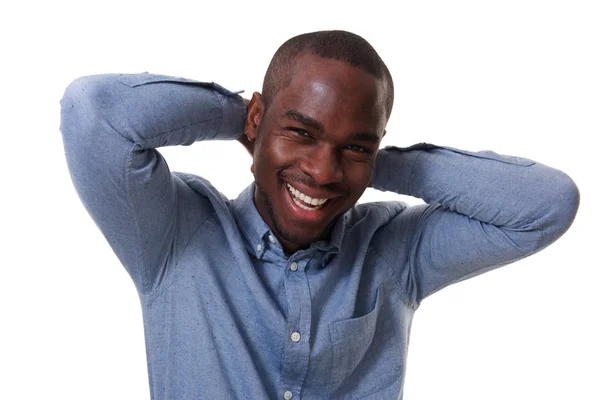 Close Portrait Happy African American Man Laughing Hands Head White — Stock Photo, Image