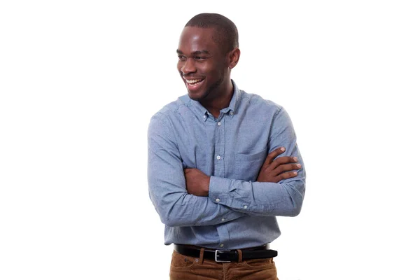 Portret Knappe Jonge African American Man Die Lacht Met Armen — Stockfoto