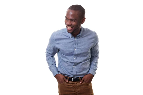 Portret Młodzieńca African American Śmiejąc Się Przez Biała Ściana — Zdjęcie stockowe