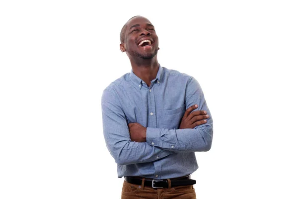 Portrait Handsome Young Black Man Laughing Arms Crossed White Background — Stock Photo, Image