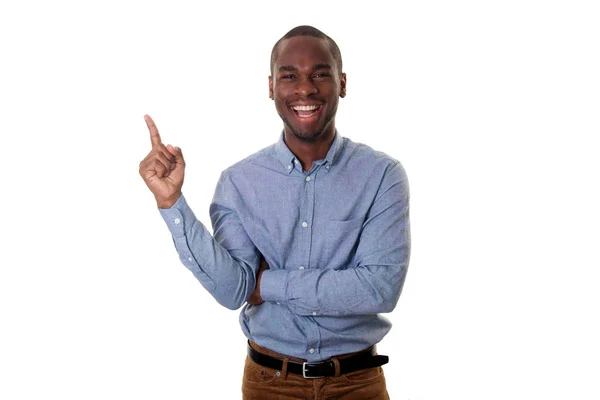 Portrait Smiling African American Businessman Finger Pointing Isolated White Background — Stock Photo, Image