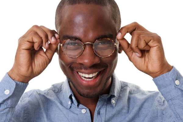 Närbild Porträtt Skrattar Affärsman Med Glasögon Mot Vit Bakgrund — Stockfoto